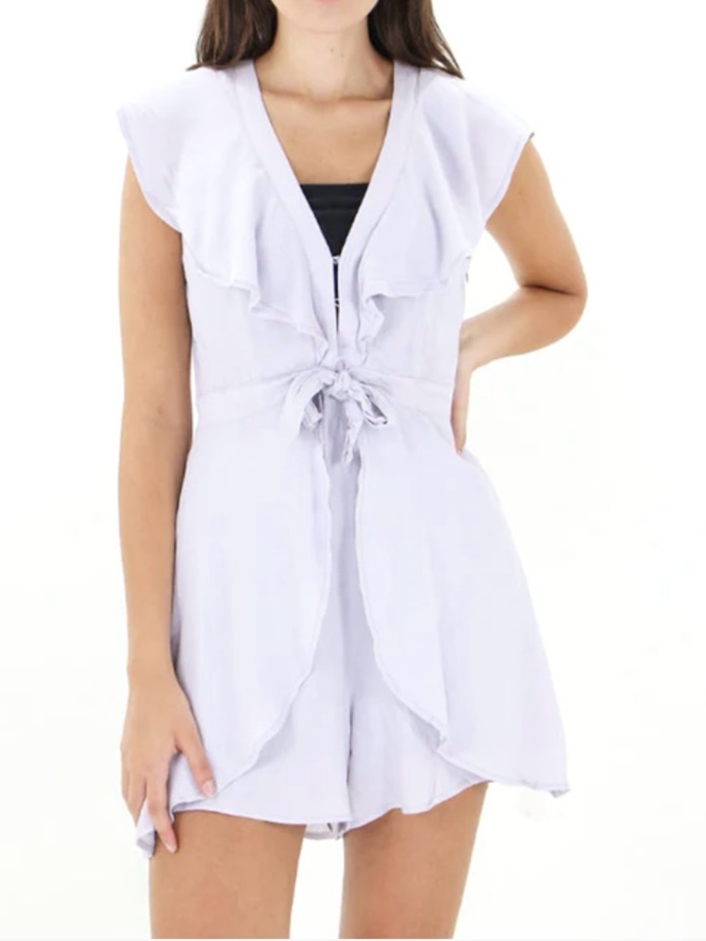 ASTR THE LABEL Lilac Ruffle Tie Front Deep V Romper Size Medium